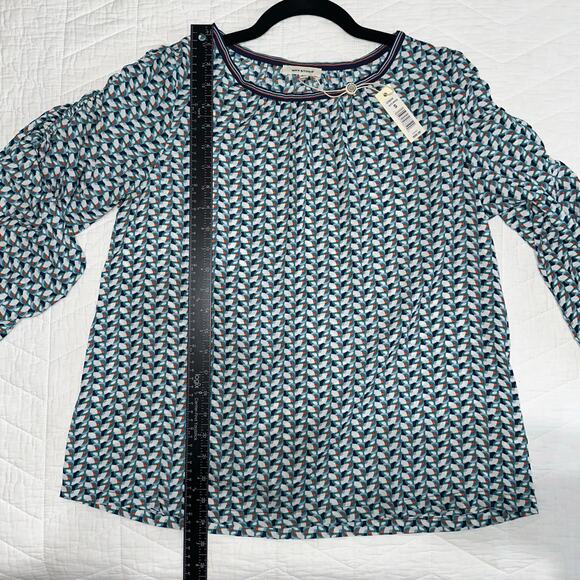 Max Studio Ruched Sleeve Chiffon Blouse Geometric Print Navy Ivory Size S - Picture 9 of 10
